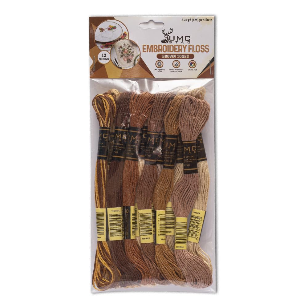 UMC STAG 12 Pieces | Premium Embroidery Thread | 100% Egyptian Cotton Premium Skeins | Cross Stitch Embroidery Floss | Oeko TEX Certified Stranded Cotton (Brown Tones) UMC STAG