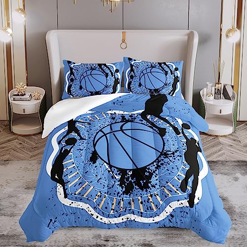 QOOMO Basketball Comforter Set for Kids Teens Boys,Blue Ball Kids Comforter,1 Comforter with 2 Pillowcase, Microfiber 3 Piece Bedding Set,Soft and Lightweight(Blue，Full Size) QOOMO
