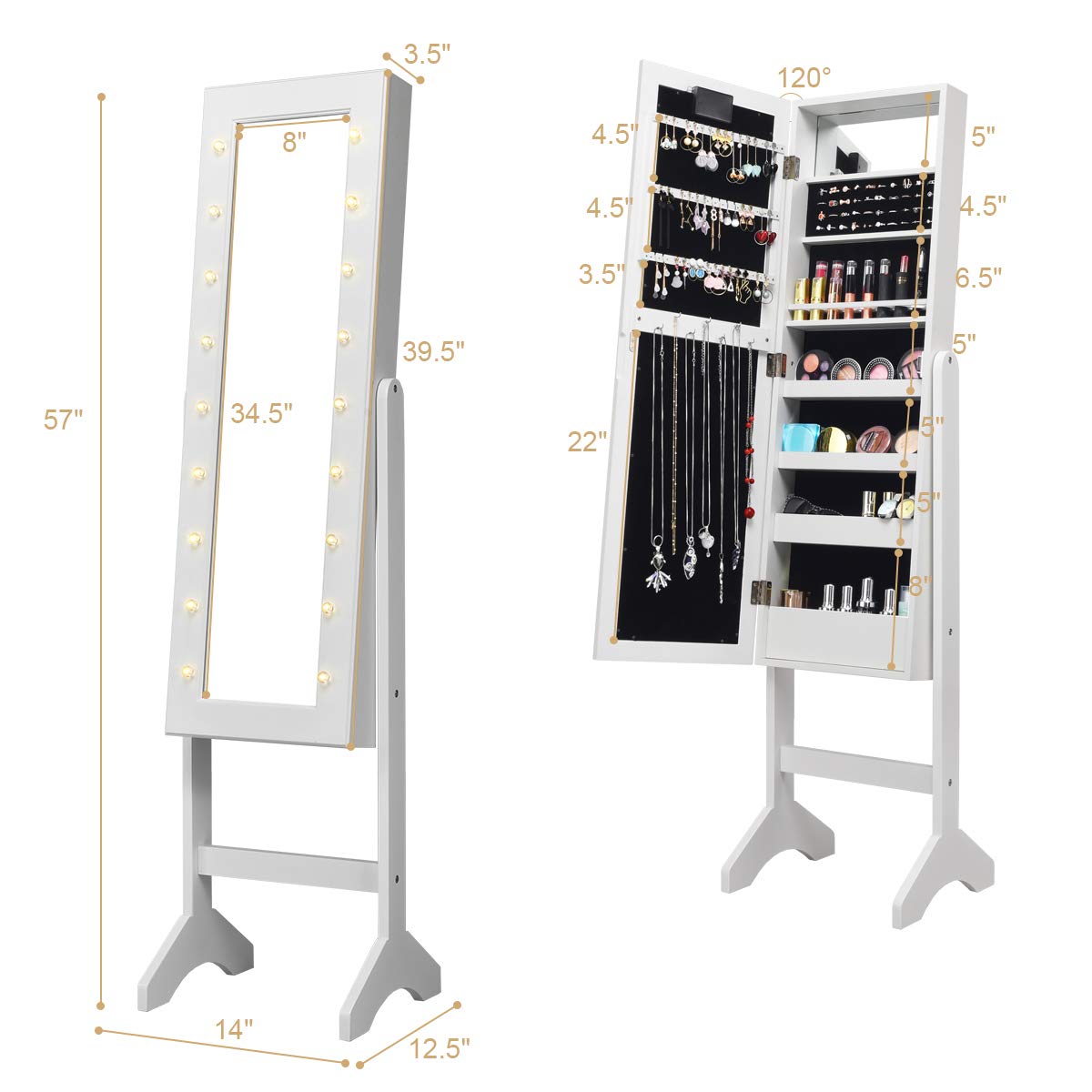 Giantex Standing Jewelry Armoire with 18 LED Lights Around the Door, Large Storage Mirrored Jewelry Cabinet with Full Length Mirror, 16 Lipstick Holders, 1 Inside Makeup Mirror (White) Giantex