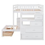 RuiSiSi Full Over Twin Bunk Beds with Stairs & Desk, Solid Wood Loft Bunk Bed with Storage Stairs Shelves and Drawers, Stairway Bunk Bed with Desk and Bookcase for Kids Teens Adults, White RuiSiSi