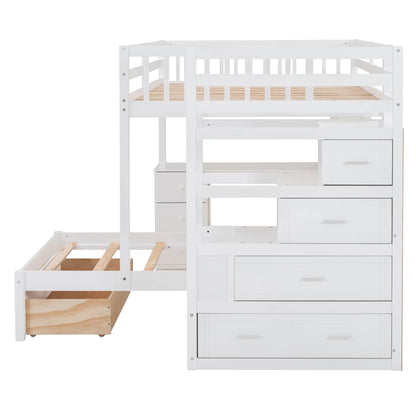 RuiSiSi Full Over Twin Bunk Beds with Stairs & Desk, Solid Wood Loft Bunk Bed with Storage Stairs Shelves and Drawers, Stairway Bunk Bed with Desk and Bookcase for Kids Teens Adults, White