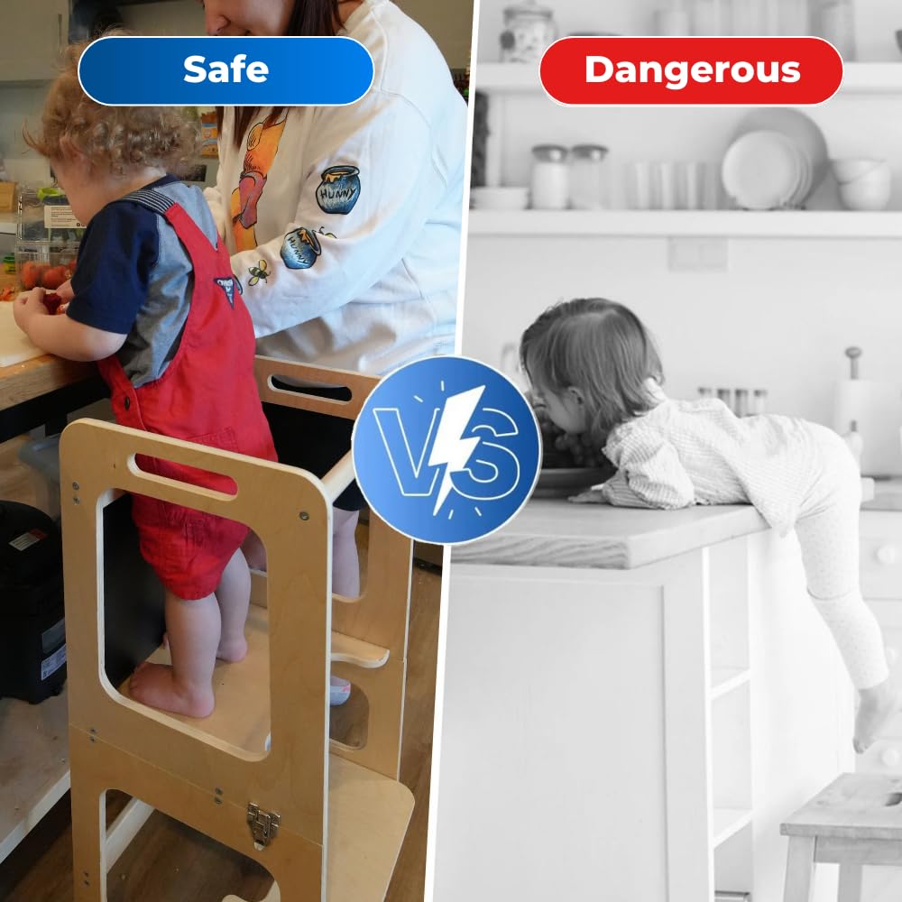 Montessori Mission 4-in-1 Foldable Learning Kitchen Tower, Stool with Chalkboard, Desk, Table & Chair, Montessori Kitchen Stool, Learning & Kitchen Tower for 1-6 Years Old Montessori Mission