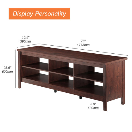 WAMPAT Farmhouse TV Stand for 75 inch TV, Wood Entertainment Center for 80 inch TV Console Table with 6 Storage Cubby for Living Room & Bedroom, 70 inch, Brown WAMPAT