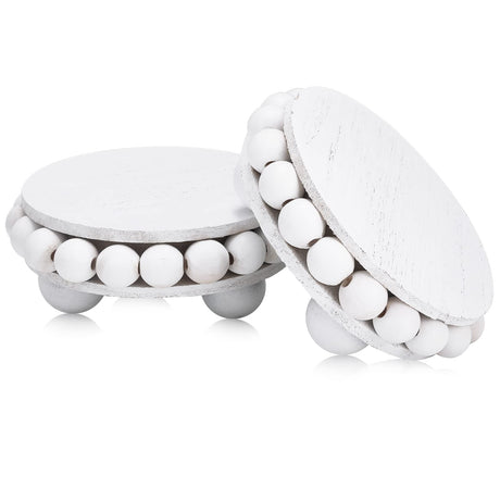 2 Pcs Wooden Risers for Displays Round Wood Riser Distressed Wood Risers Farmhouse Pedestal Display Stand Rustic Pedestal Stand Decor Beaded Display Risers for Tiered Trays Home (White, 3.94 Inch) Yookeer