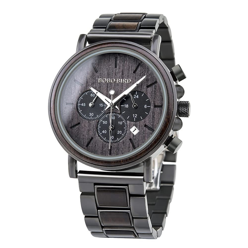BOBO BIRD Mens Wooden Watches Business Casual Wristwatches Stylish Ebony Wood & Stainless Steel Combined Chronograph BOBO BIRD