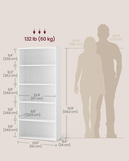 VASAGLE Bookshelf, 23.6 Inches Wide, 5-Tier Open Bookcase with Adjustable Storage Shelves, Floor Standing Unit, Cloud White ULBC165T14