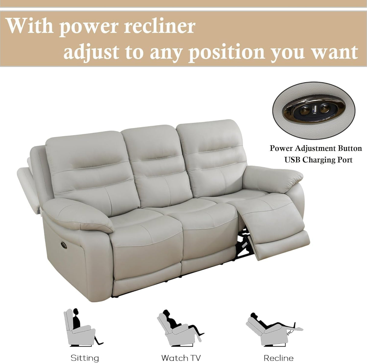 Genuine Leather Recliner Couch Set, Living Room Furiture Set,Power Reclining Sofa Set, Top Grain Leather Sofa with Built in USB Port for Living Room(Light Grey) (Sofa) Pon Living Furniture Inc