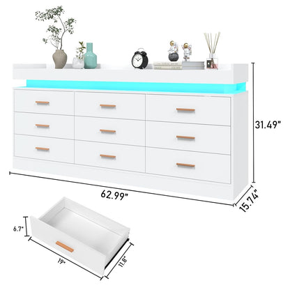 Hlivelood 9 Drawer Dresser with LED Light and Charging Station, Modern Chest of Drawers for Closet, Wide Drawer Organizer Cabinet for Bedroom, Living Room, Entryway, Hallway(9 Drawer White)