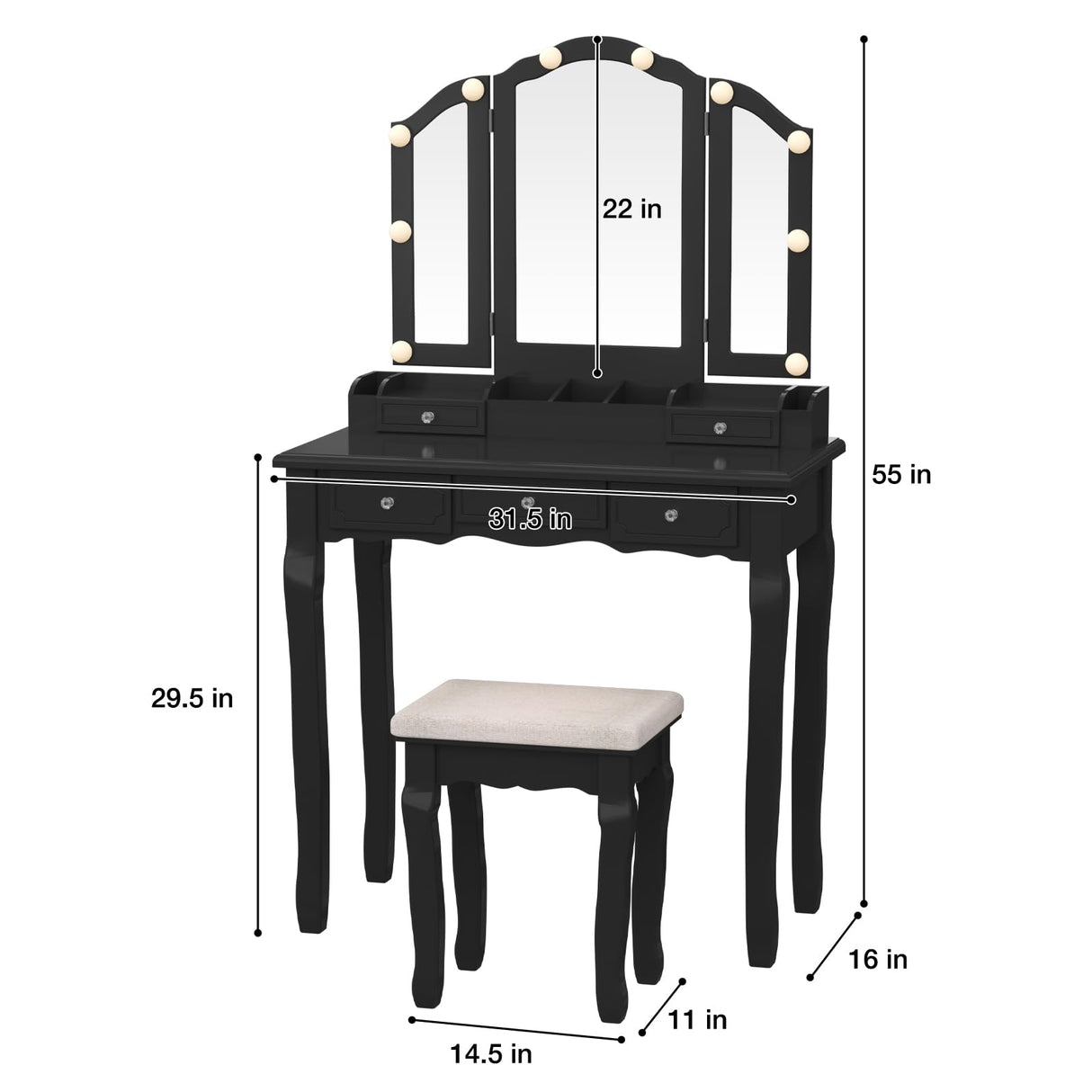 SAYMA Vanity Desk with LED Light and Mirrors, Makeup Table Set with 5 Sliding Drawers & 2 Shelves, 3 Color Lighting Modes and Soft Cushioned Stool for Bedroom, Bathroom (Black) SAYMA