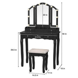 SAYMA Vanity Desk with LED Light and Mirrors, Makeup Table Set with 5 Sliding Drawers & 2 Shelves, 3 Color Lighting Modes and Soft Cushioned Stool for Bedroom, Bathroom (Black) SAYMA