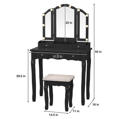 SAYMA Vanity Desk with LED Light and Mirrors, Makeup Table Set with 5 Sliding Drawers & 2 Shelves, 3 Color Lighting Modes and Soft Cushioned Stool for Bedroom, Bathroom (Black) - WoodArtSupply