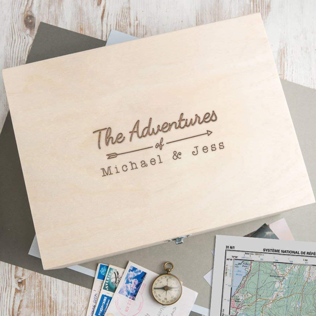 Personalized Wooden Keepsake Box -"The Adventures Of.." Design - Anniversary Engagement Gifts for Couples - Christmas Xmas Holiday Present for - WoodArtSupply