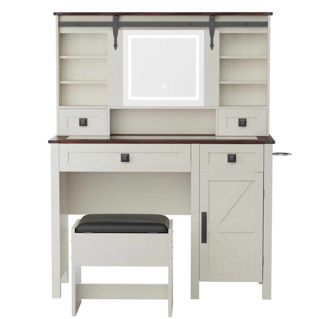 NEWBULAND Farmhouse Vanity with Mirror and Lights, 42" White Vanity Desk with 4 Drawers and Benches Makeup Table Set NEWBULAND
