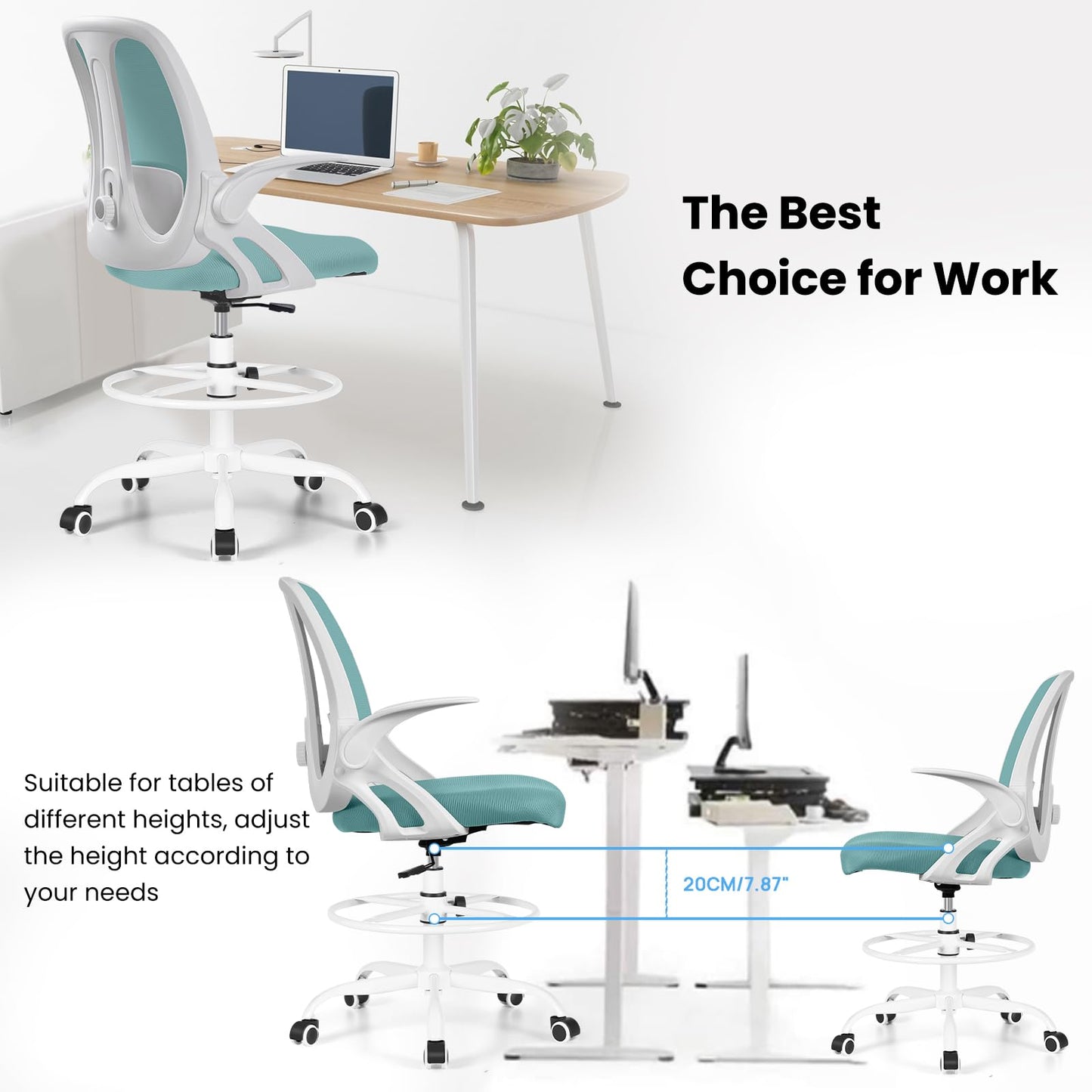 Razzor Drafting Chair Tall Ergonomic Office Chair with Adjustable Lumbar Support, Stand Stool High Office Desk with Footrest Ring, Executive Computer Chair with Flip Up Armrests - MintGreen