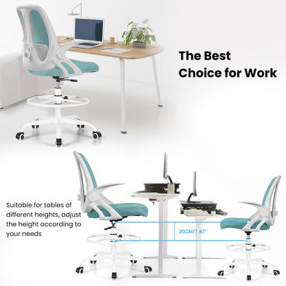 Razzor Drafting Chair Tall Ergonomic Office Chair with Adjustable Lumbar Support, Stand Stool High Office Desk with Footrest Ring, Executive Computer Chair with Flip Up Armrests - MintGreen