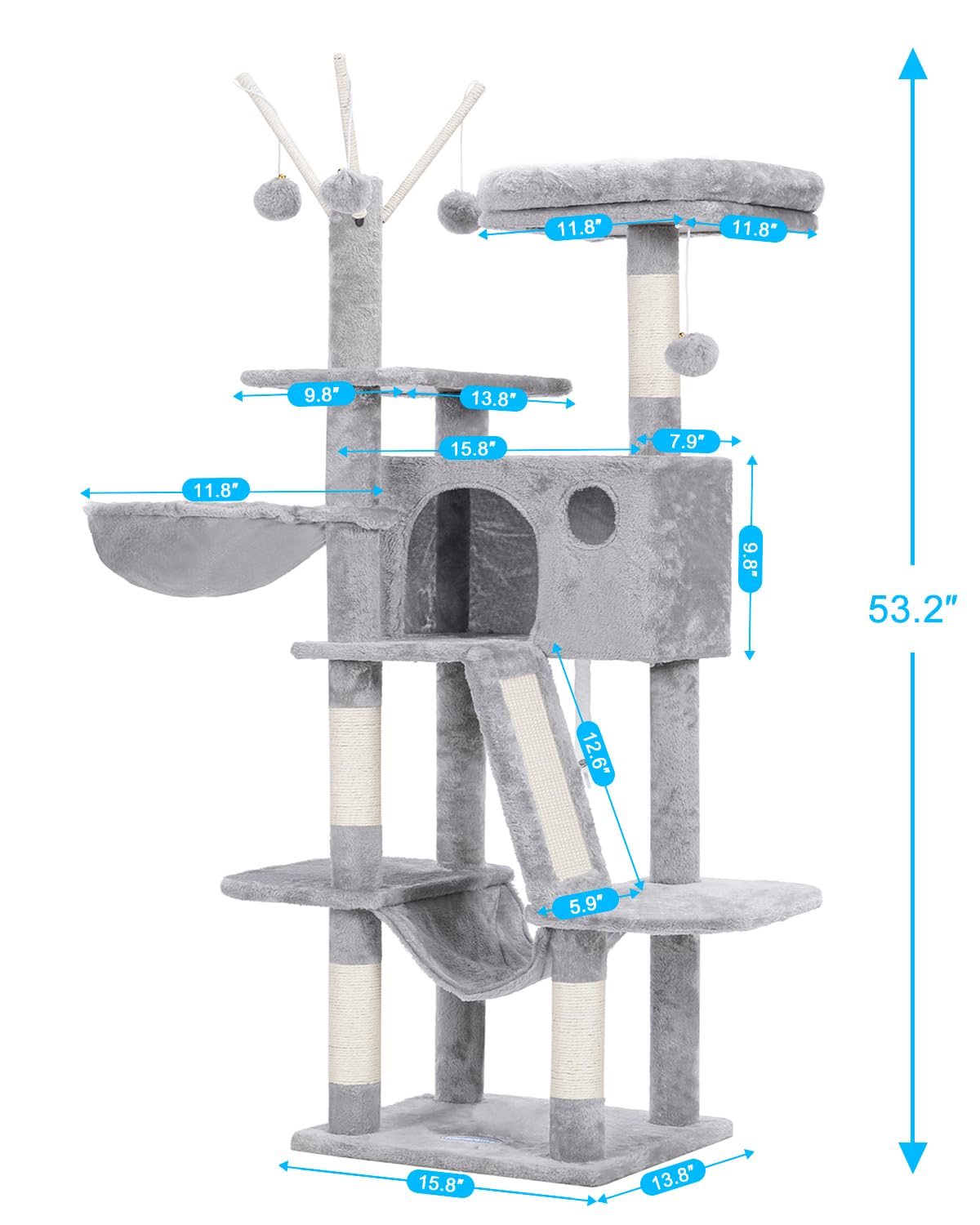 Hey-brother Cat Tree, 53 inch Cat Tower for Indoor Cats, Cat House with Padded Platform Bed, Toy Balls, Large Cozy Condo, Hammocks and Sisal Scratching Posts, Light Gray MPJ019-SW Hey-brother