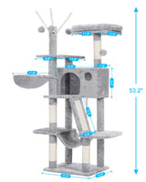 Hey-brother Cat Tree, 53 inch Cat Tower for Indoor Cats, Cat House with Padded Platform Bed, Toy Balls, Large Cozy Condo, Hammocks and Sisal Scratching Posts, Light Gray MPJ019-SW Hey-brother