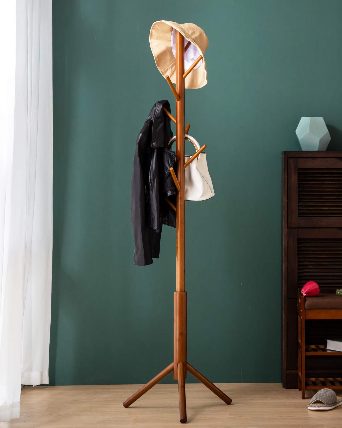 BMOSU Coat Rack freestanding Stand Bamboo Wooden Coat Tree 8 Hooks 3 Adjustable Standing Jackets Hanger Hallway Corner Parlor(Brown)