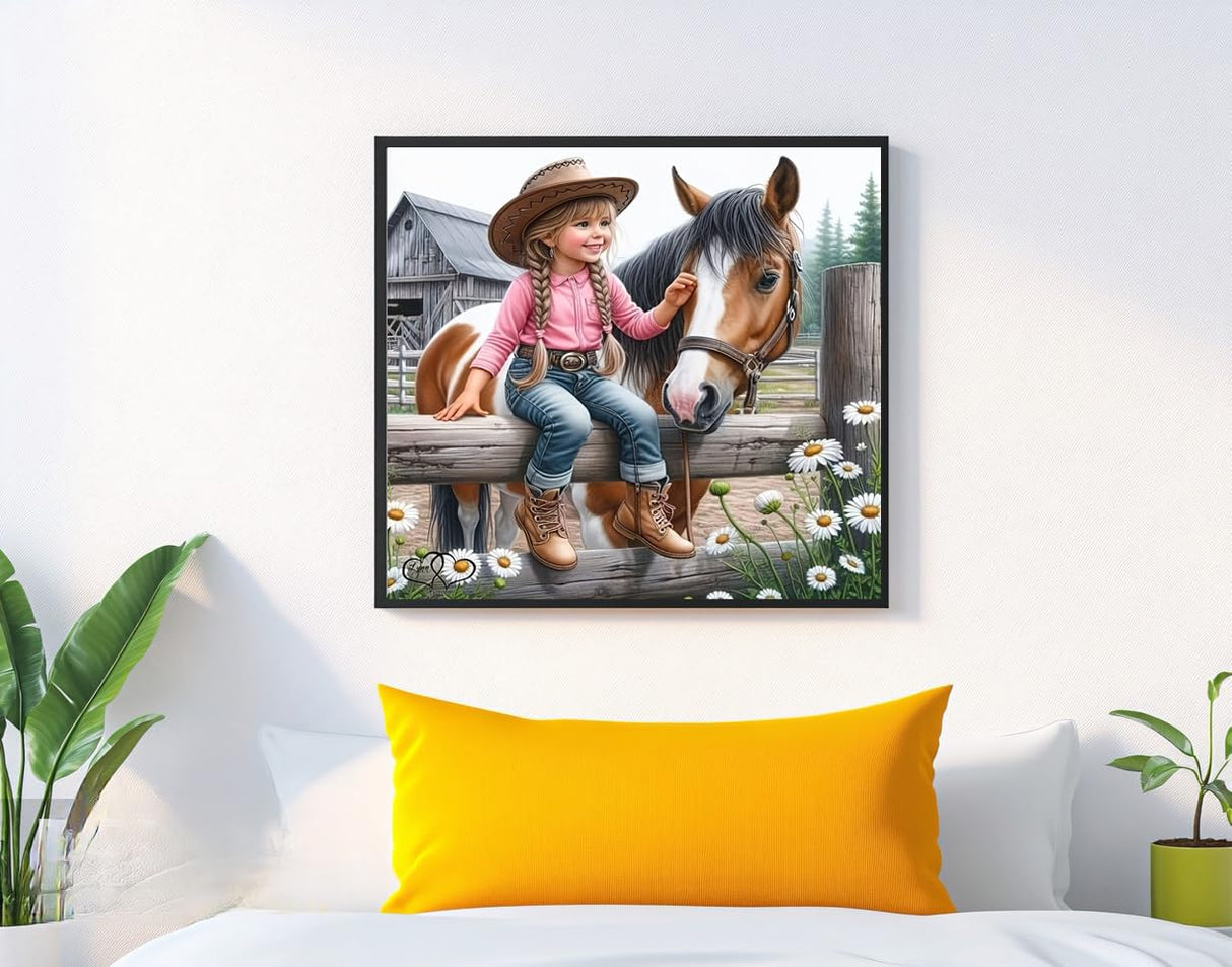 GXGLLPZBY DIY Lovely Little Lass and Horse Diamond Art Kits, 5D Diamond Painting for Beginners Adults, Round Full Drill Diamond dot Art Kits, Gem Art for Adults Home Wall Decor 13.8x13.8in GXGLLPZBY