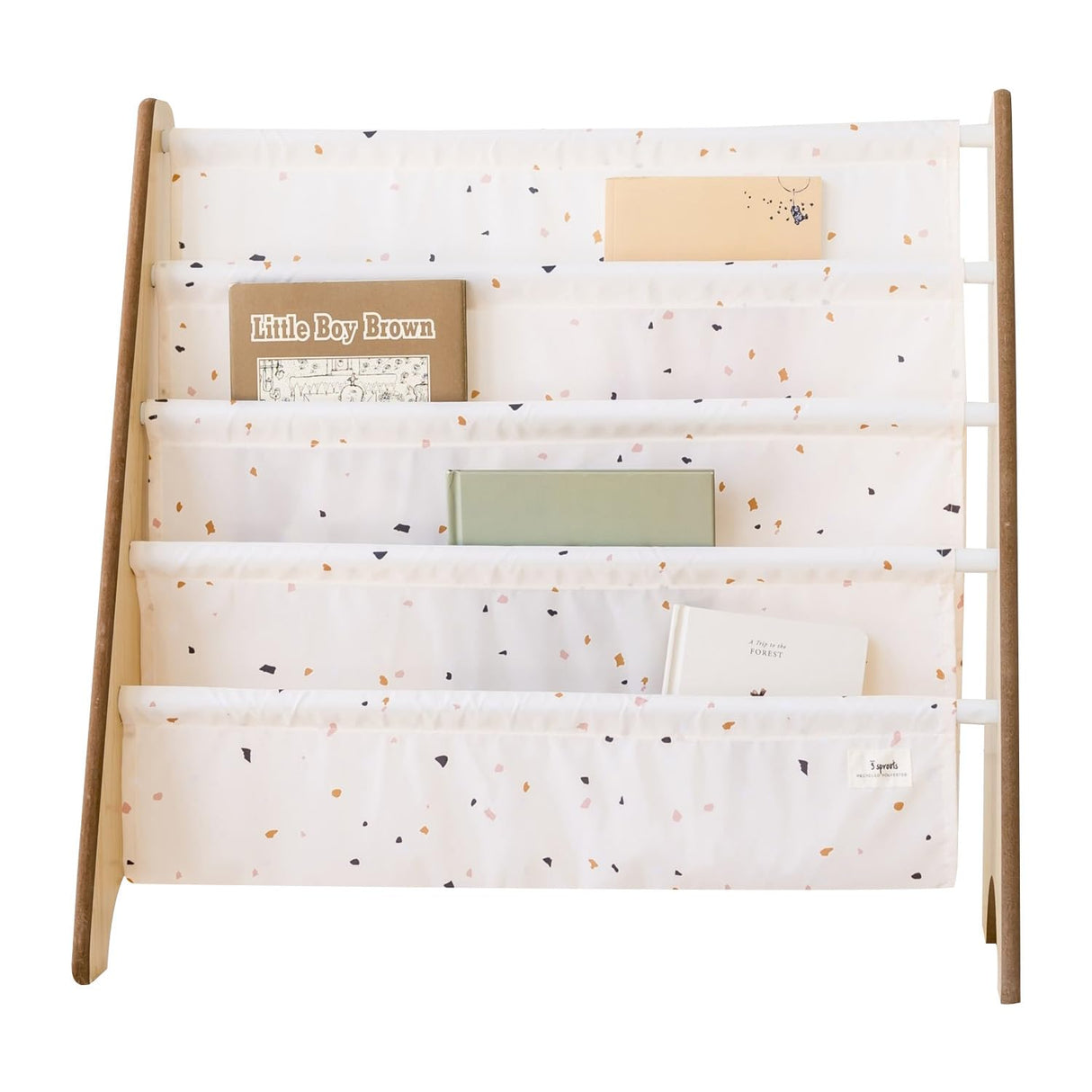 3 Sprouts Recycled Fabric Kids Bookshelf – 4-Tier Sling Book Rack Organizer - Nursery Room Playroom Classroom Wooden Book Shelves - Kid Bookcase Wood Storage Shelf for Toddler Age 3+ - Terrazzo Cream 3 Sprouts