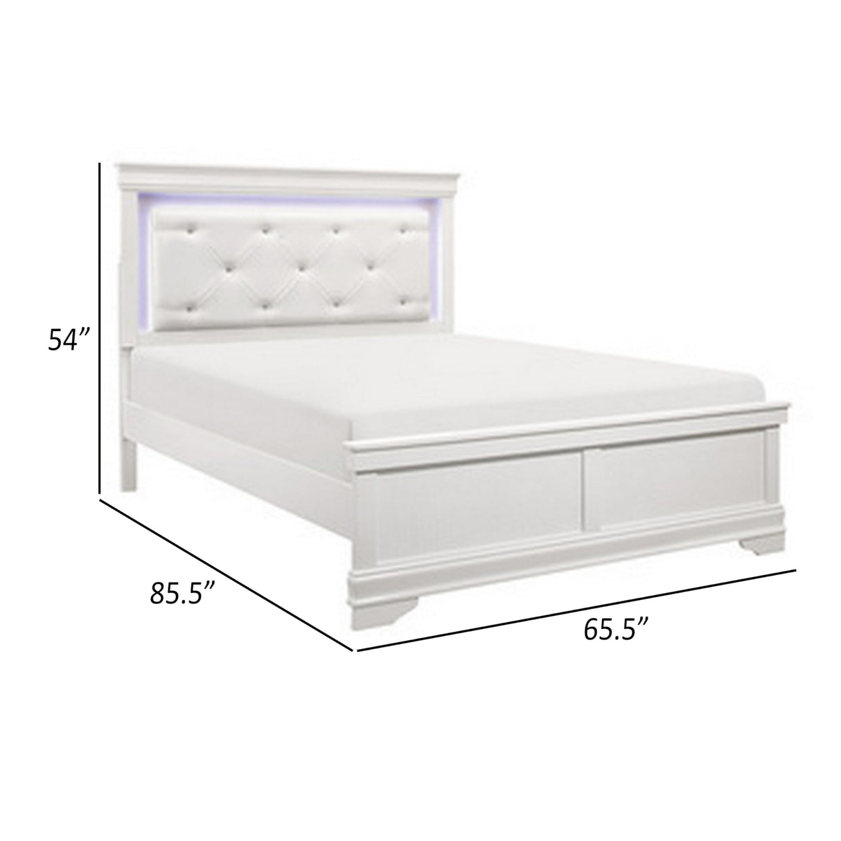 Benjara Teich Queen Bed, LED, Crystal Tufted Faux Leather Upholstery, White Wood Benzara
