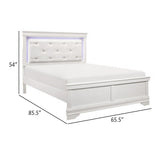 Benjara Teich Queen Bed, LED, Crystal Tufted Faux Leather Upholstery, White Wood Benzara