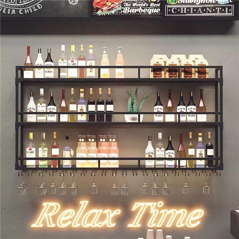 PIKYsailed 31 Inch Metal Wine Rack Wall Mounted, Bar Shelves Wall Mounted with LED Light, Large 3-Tier Liquor Bar Display Shelf with Hang Mugs and Wine Glasses for Home Bars & Kitchen, Black PIKYsailed