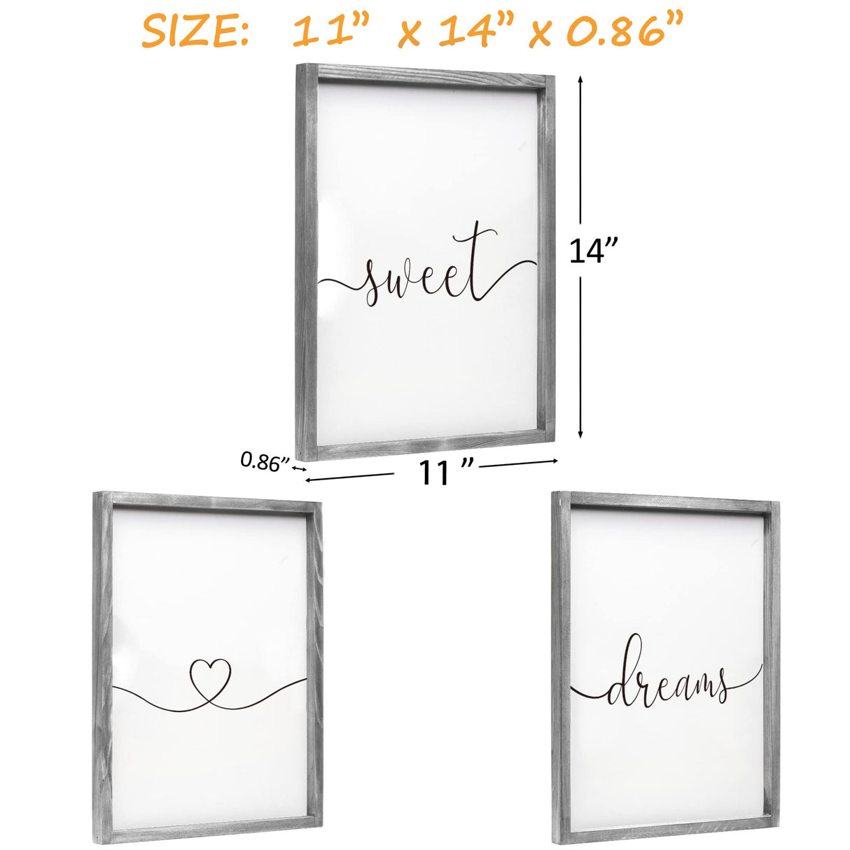 Set of 3 Framed Farmhouse Sweet Dreams Sign 11x14” Above Bed Wall Decor for Bedroom Decor Wall Art Wood Signs (11"x14", Gray) Houmury