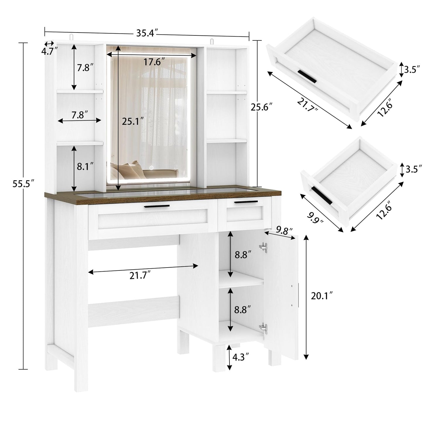 usikey Farmhouse Makeup Vanity Desk with Mirror and Lights, Glass Tabletop Makeup Vanity with Adjustable Shelves, Vanity Table Set with 2 Drawers and Side Cabinet for Bedroom, White - WoodArtSupply