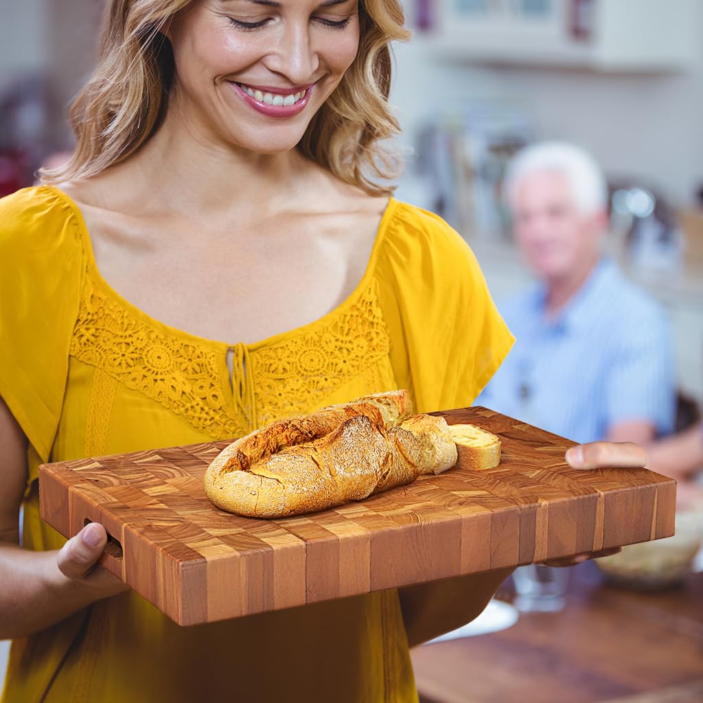 Giantex Teak Wood Cutting Board, 2" Thick End Grain Chopping Block with Hand Grip, 18"x12" Large Reversible Butcher Block, Pre-Conditioned With Natural Waxes & Oils, Carving Board for for Meat Cheese