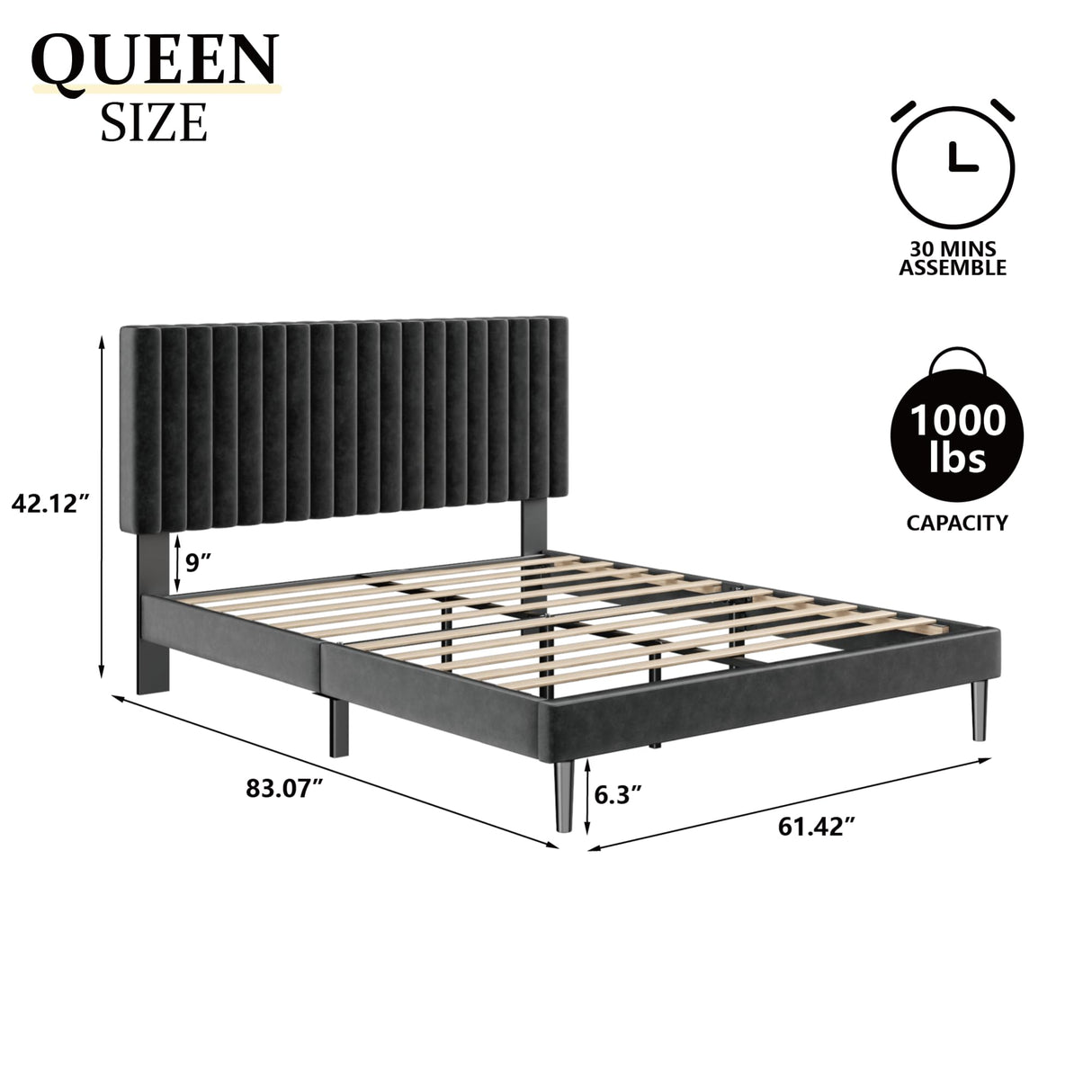 Sismplly Queen Size Bed Frame with Velvet Upholstered Headboard, Platform Bed with Strong Wood Slats, Mattress Foundation, Box Spring Optional, Easy Assembly, Black Sismplly