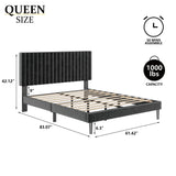 Sismplly Queen Size Bed Frame with Velvet Upholstered Headboard, Platform Bed with Strong Wood Slats, Mattress Foundation, Box Spring Optional, Easy Assembly, Black Sismplly
