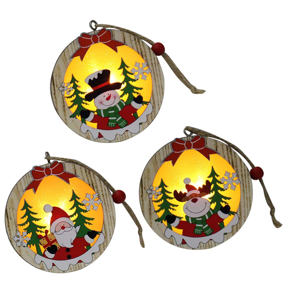 Amosfun 3pcs LED Light Up Christmas Wooden Ornaments Wood Round Shapes with Reindeer Snowman Santa Claus Pattern Hanging Christmas Tree Decoration Christmas Night Lights Amosfun