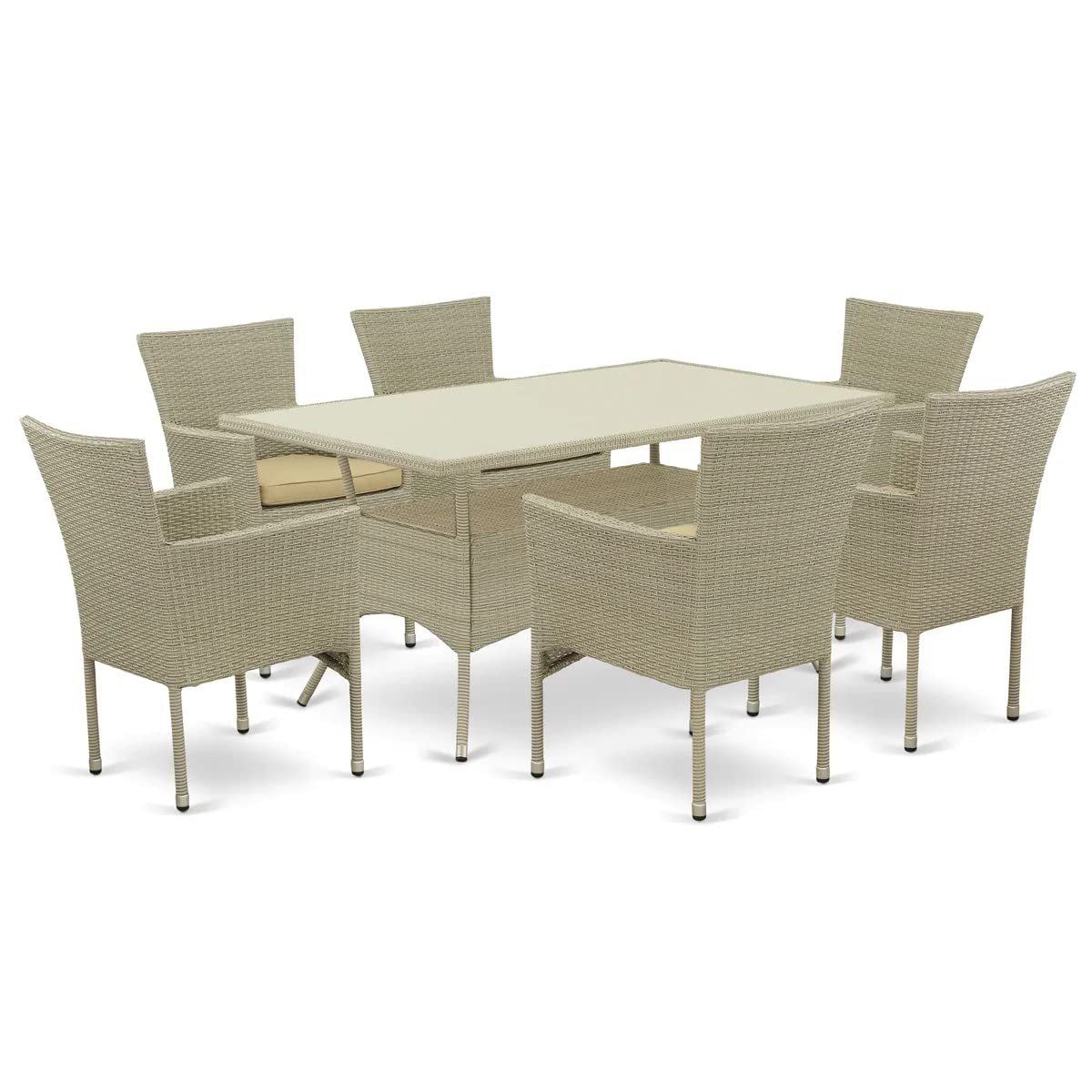 East West Furniture OSBK7-03A Oslo 7 Piece Patio Furniture Wicker Outdoor Set Includes a Rectangle Dining Table with Glass Top and 6 Backyard Armchair with Cushion, 36x60 Inch East West Furniture