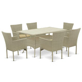 East West Furniture OSBK7-03A Oslo 7 Piece Patio Furniture Wicker Outdoor Set Includes a Rectangle Dining Table with Glass Top and 6 Backyard Armchair with Cushion, 36x60 Inch East West Furniture