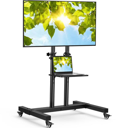 PERLESMITH Rolling TV Stand on Wheels for 32-83 Inch Screens up to 110lbs, Mobile TV Cart Height Adjustable Portable Outdoor TV Stand Tilt Rolling TV Cart with Shelf Max VESA 600x400mm PSTVMC03