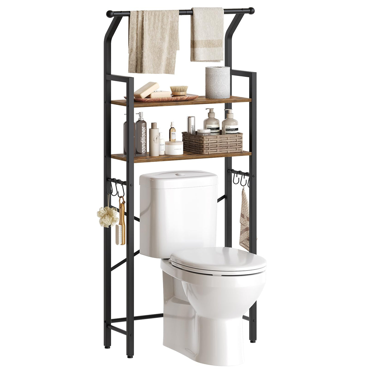 YATINEY Over The Toilet Storage, 2-Tier Bathroom Organizer Shelves with Hooks, Multifunctional Vertical The Toilet Shelf Storage Rack for Bathroom, Rustic Brown and Black TR01BR YATINEY
