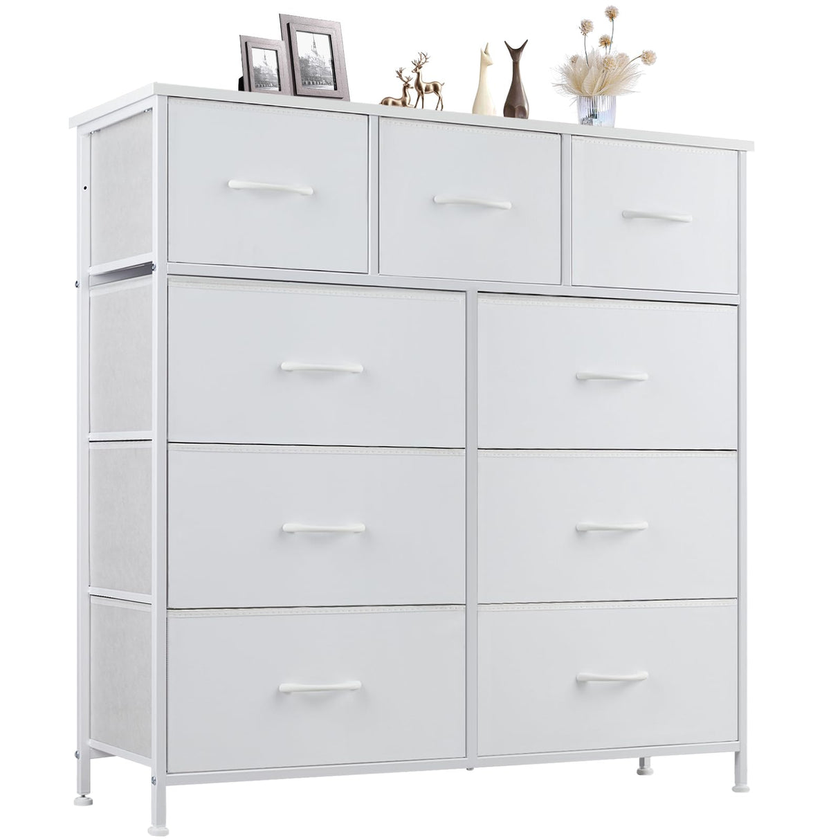 DUMOS Dresser for Bedroom, Storage Drawers, Fabric Storage Tower with 9 Drawers, Chest of Drawers with Fabric Bins, Sturdy Metal Frame, Wood Tabletop for Kids Room, Closet, Entryway, Nursery, White DUMOS