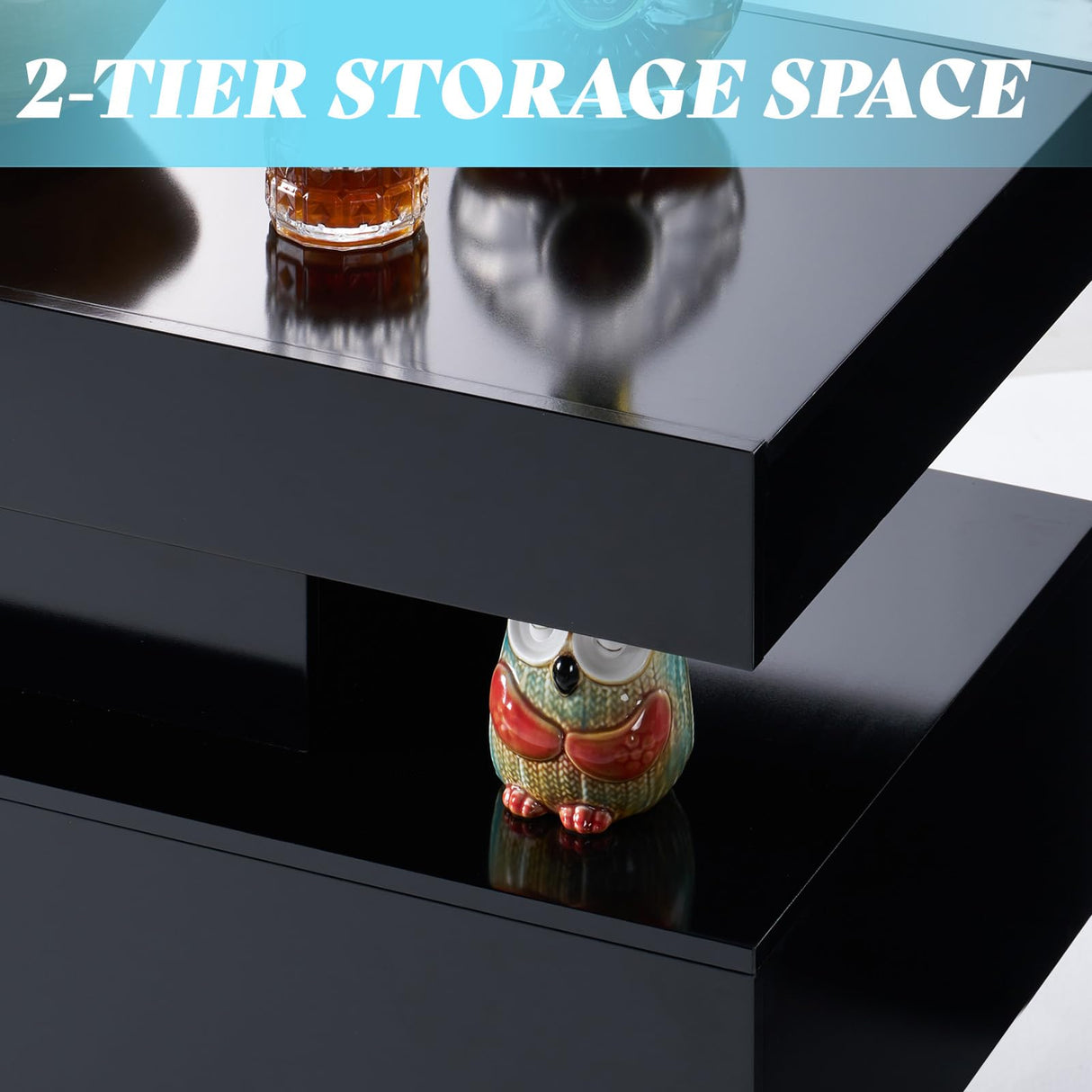 AMERLIFE High Gloss LED Coffee Table, Modern 2-Tier Center Table with LED Lights, Open Storage Space, 40in Simple Rectangular Sofa Side Table for Living Room, Black AMERLIFE