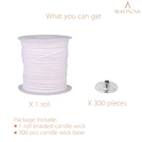 BEADNOVA Braided Candle Wick Spool with Base Set 200 ft Cotton Candle String Roll and 300pcs Wick Clips Sustainer Tabs for Making DIY BEADNOVA
