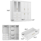 MOUMON Modern Wardrobe Cabinet with 8 Doors and Hanging Rods, White Wardrobe Armoire Closet with Gold Handles, Wardrobe with Glass Doors and 3 Drawers, for Bedroom Cloakroom, 19.3”D x 79.1”W x 74.8”H MOUMON