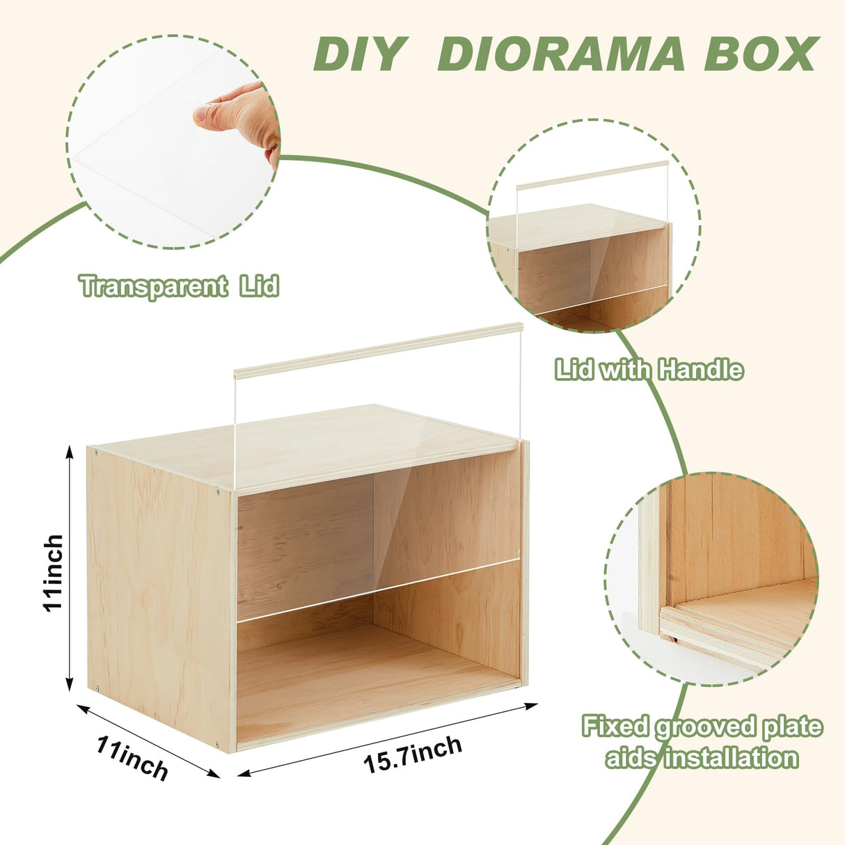 Cinnvoice Diorama Box Unfinished Large Display Box Wooden Display Cases for Collectibles 15.7'' x 11'' x 11'' with Transparent Lid Desktop Wood Storage Container for Dolls Dollhouse Miniature Figures Cinnvoice