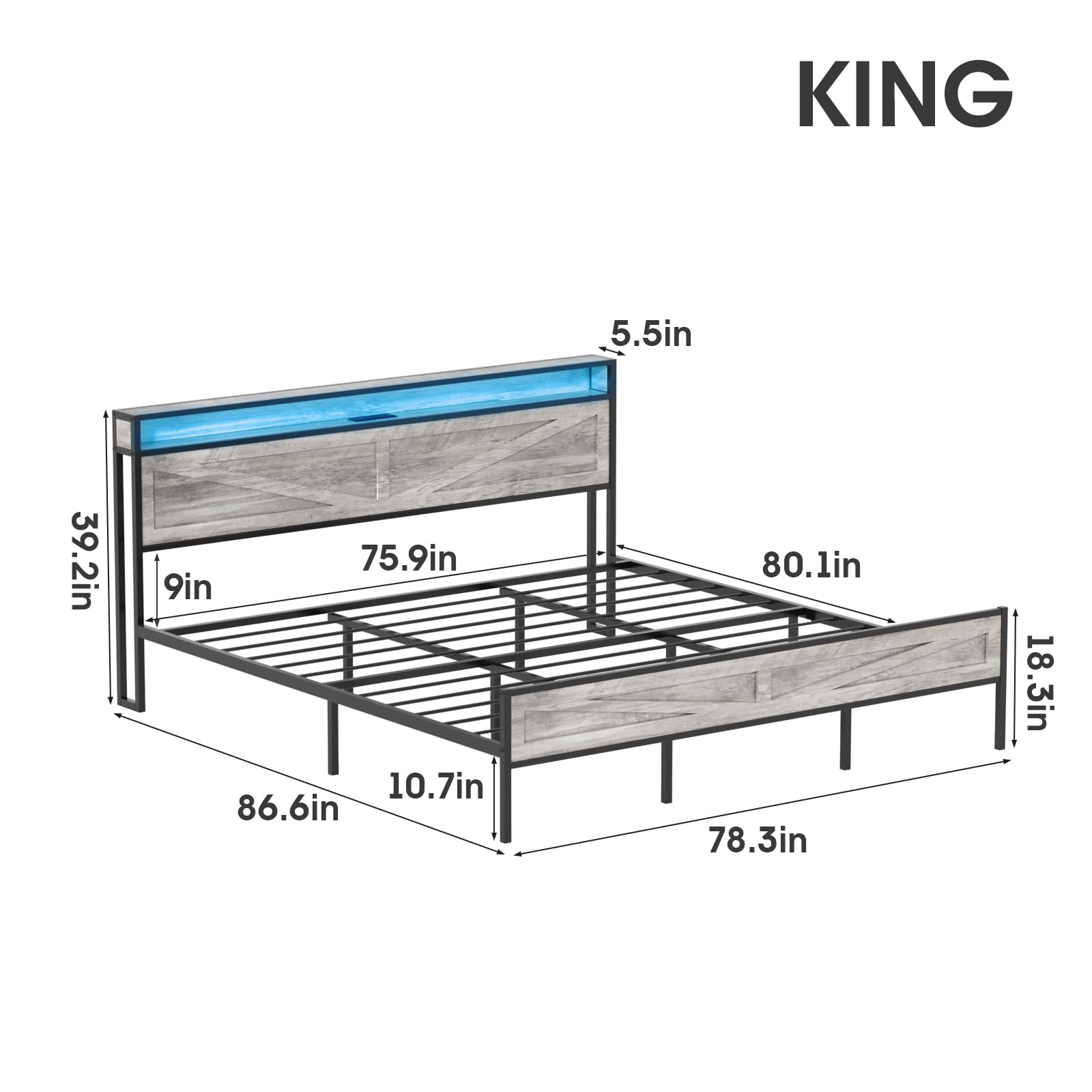 Halitaa King Size LED Bed Frame with Charging Station and Storage - Wash Grey - WoodArtSupply