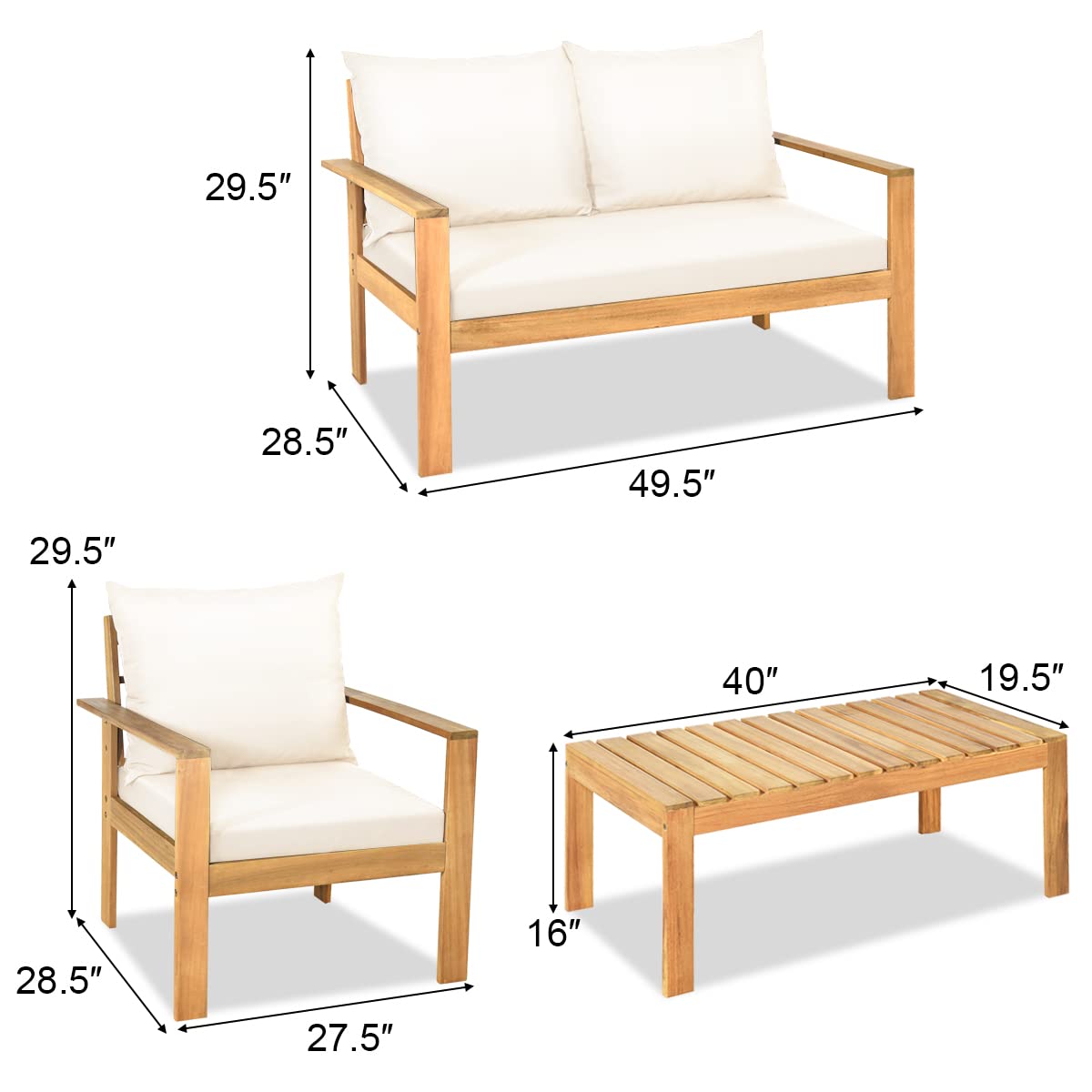 Tangkula Outdoor 4-Piece Acacia Wood Chat Set, 4 Seater Acacia Wood Conversation Sofa and Table Set with Water Resistant Cushions, Teak Finished (1, White) - WoodArtSupply