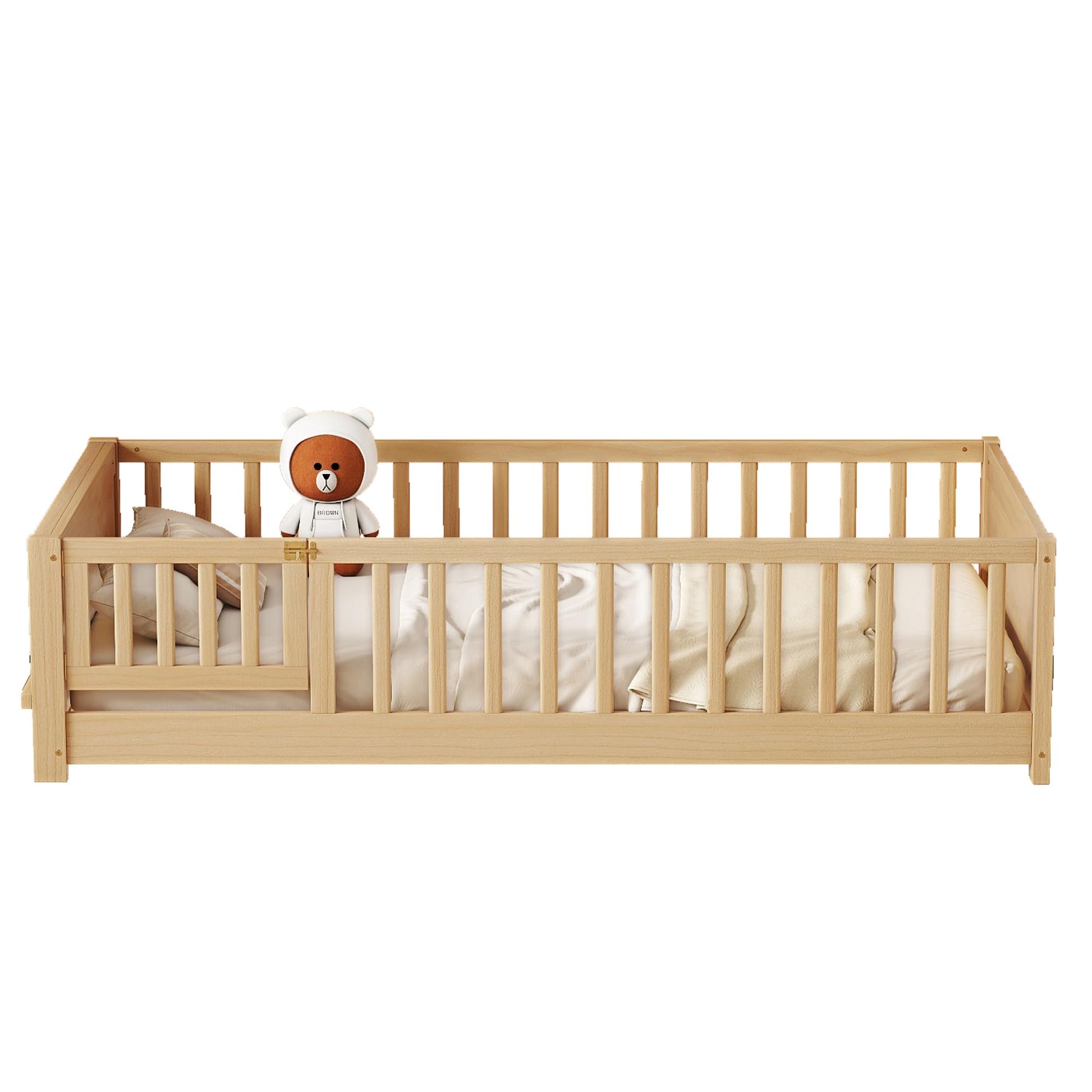 Mirightone Twin Size Montessori Floor Bed with Rails and Storage Bookcase in Natural - WoodArtSupply