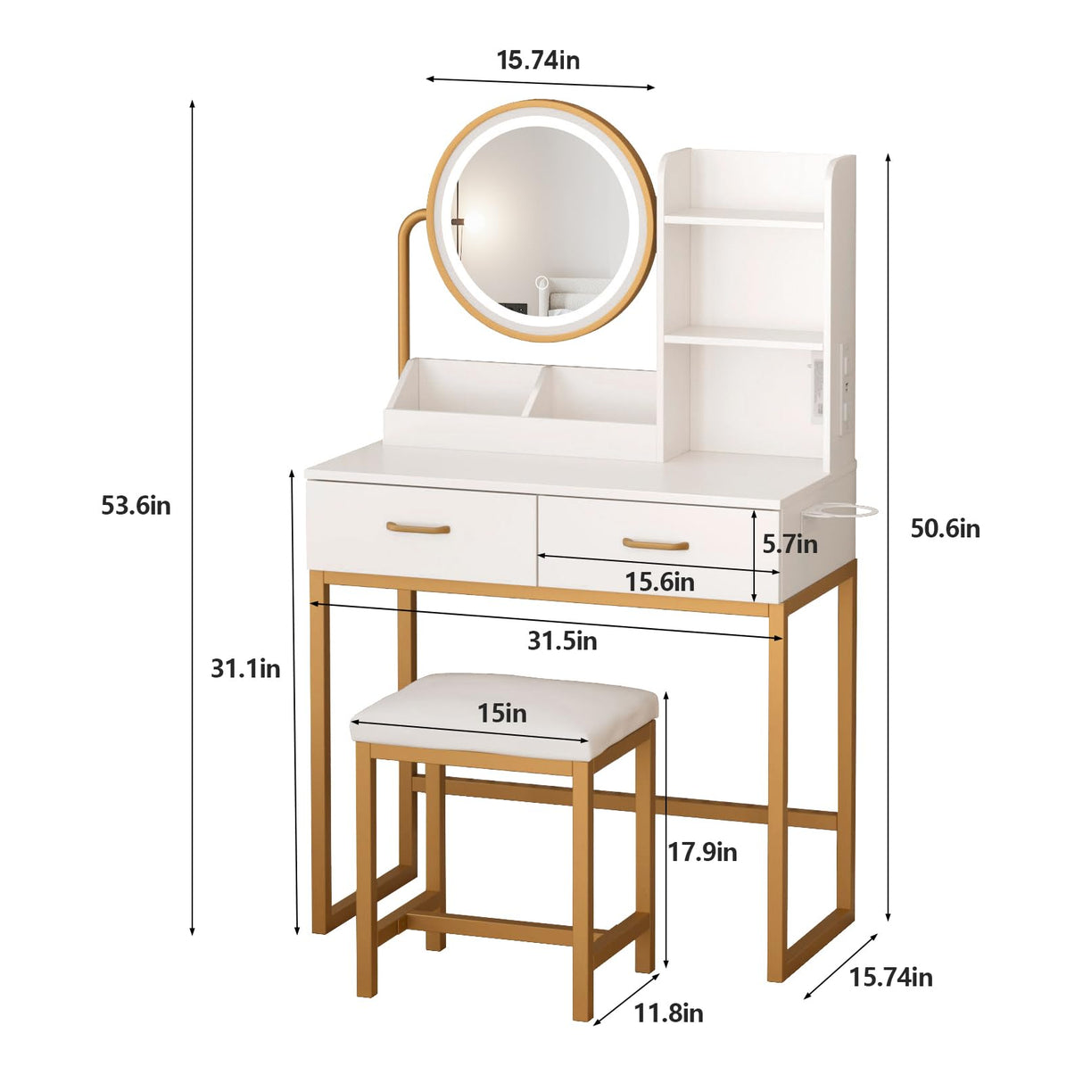 Makeup Vanity with Round Mirror and Lights, White Vanity Makeup Table with Charging Station, Small Vanity Table for Bedroom, 3 Lighting Modes, 31.5in(L) Vabches