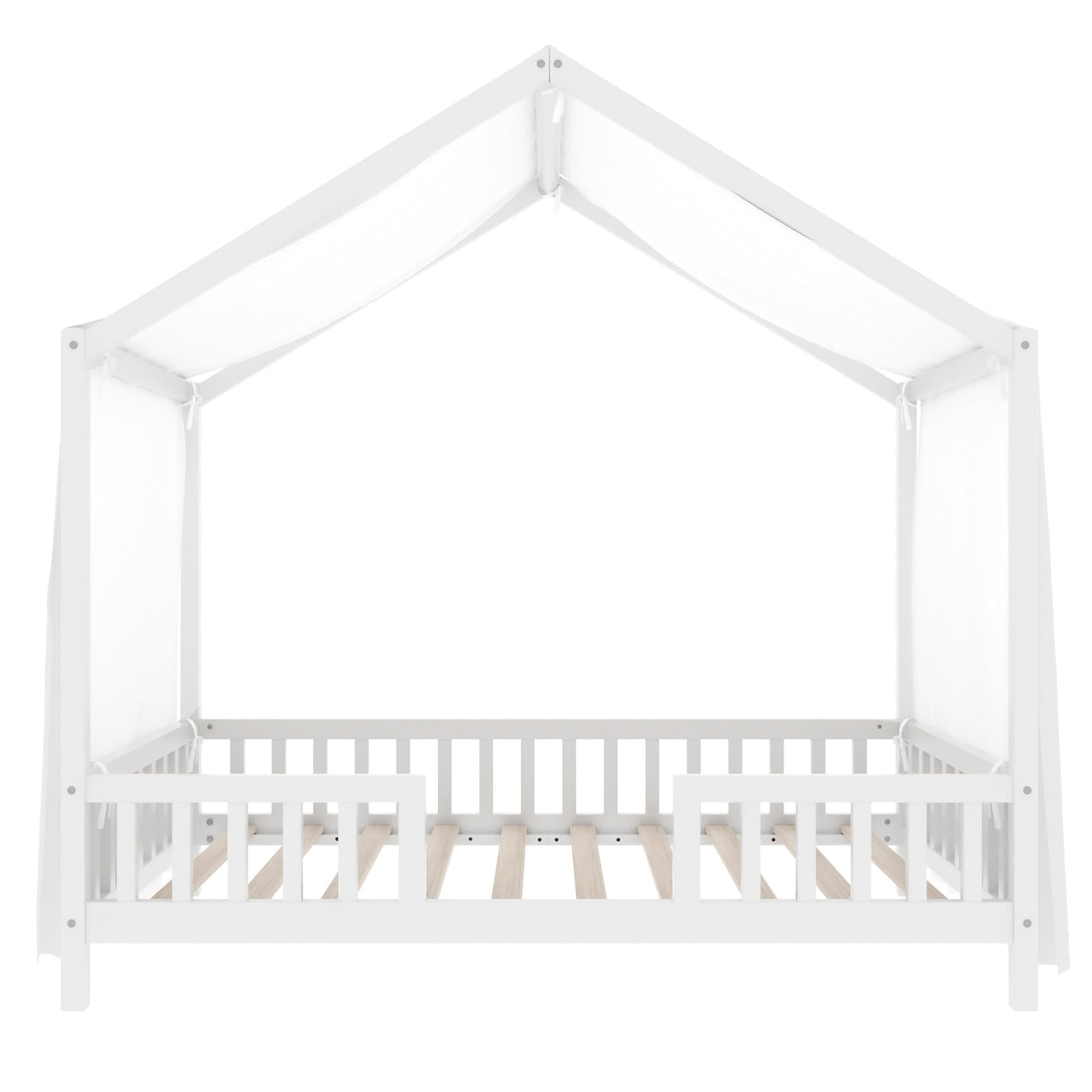 Bellemave Twin House BedFrame with Canopy, Montessori Floor Bed, House Bed with Rails for Kids, White Bellemave