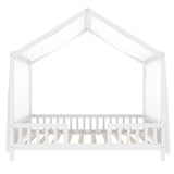 Bellemave Twin House BedFrame with Canopy, Montessori Floor Bed, House Bed with Rails for Kids, White Bellemave