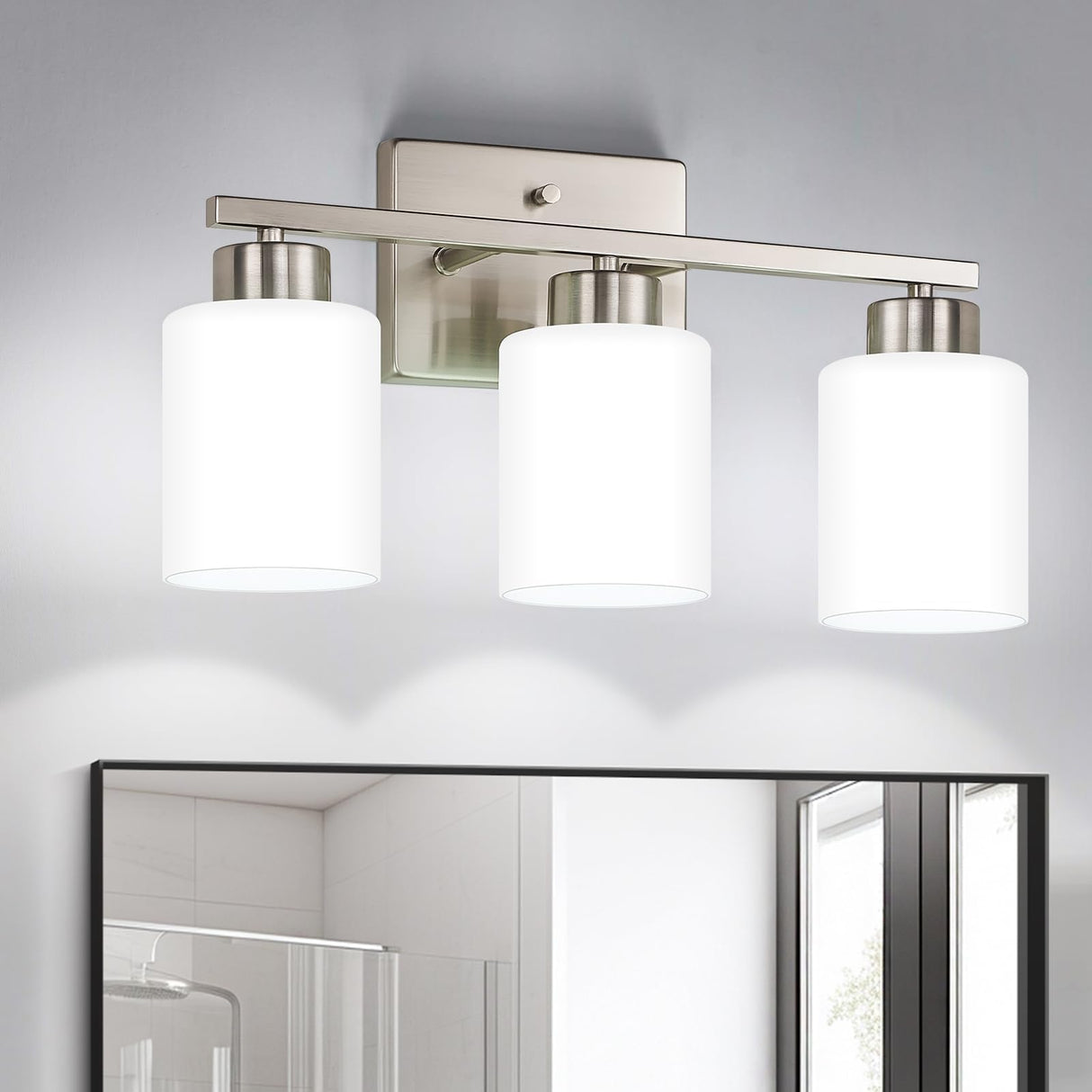 FonmYim Brushed Nickel Bathroom Light Fixtures, 3-Light Modern Vanity Light Over Mirror, Wall Sconces with Milky White Frosted Glass Shades, E26 Socket (Bulbs Not Included) FonmYim