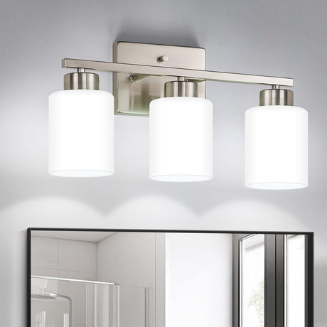 FonmYim Brushed Nickel Bathroom Light Fixtures, 3-Light Modern Vanity Light Over Mirror, Wall Sconces with Milky White Frosted Glass Shades, E26 Socket (Bulbs Not Included) FonmYim